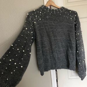 Pearl embellished puffy sleeve sweater